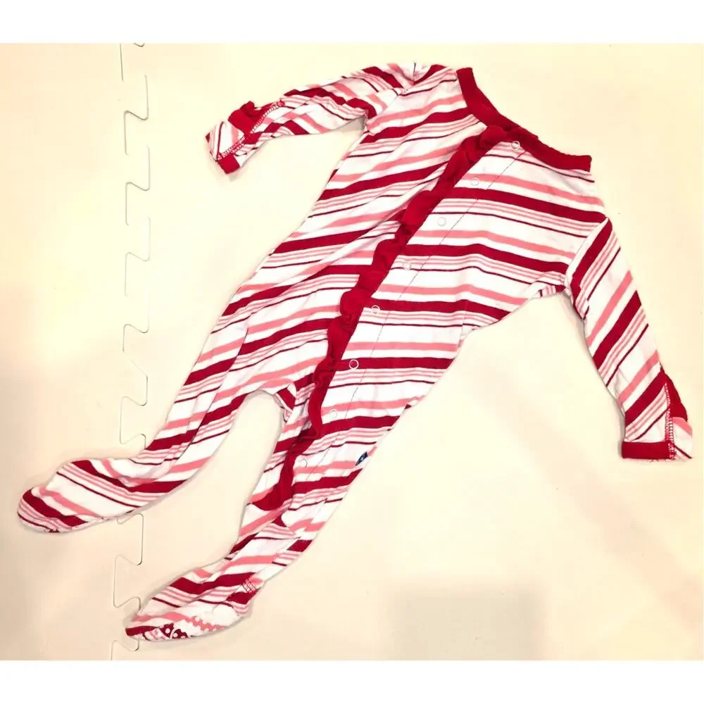 Kickee Pants pink‎ red striped, footed bamboo, pajamas with ruffles sz 0-3mo
